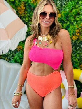 Neon Pink & Coral One-Shoulder Cutout Bikini